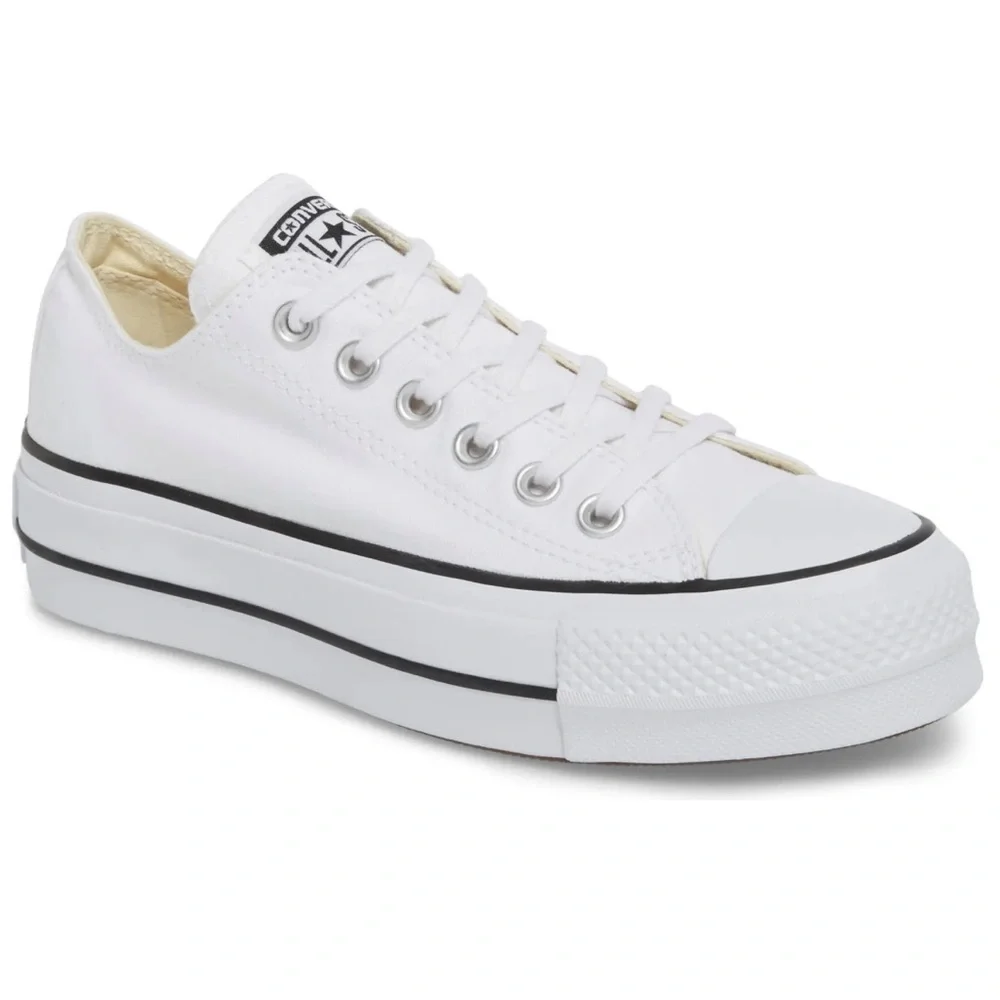 Converse White Low-Profile Platform Sneakers with Black Stripe